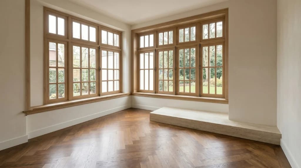 Empty room with herringbone parquet and large wooden window frames managed by Meijer Residential